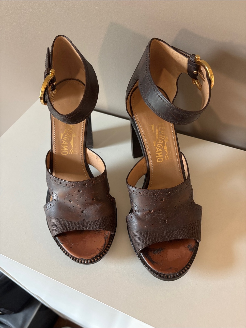 Salvatore Ferragamo Dark Brown Leather Ankle-Strap Block Heel Sandalsi size 9.5